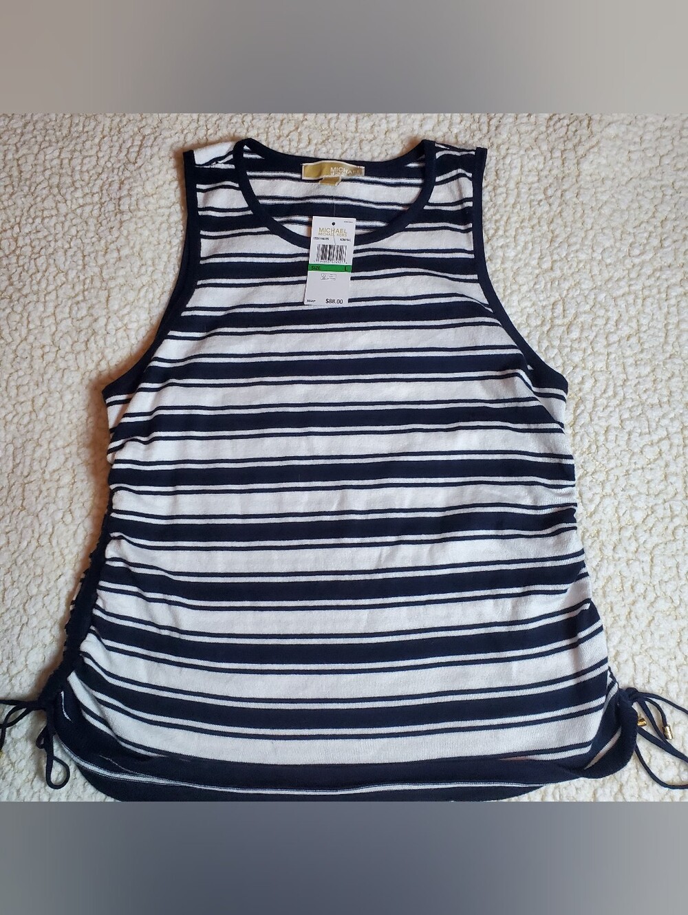 NWT MICHAEL Michael Kors Striped Ruched Side Tie Tank Top, L, Navy & White